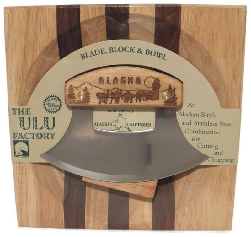 The ULU Factory Ulu Factory Alaska Ulu Birch Walnut Stripe Wood Chopping Bowl-board Dog Team Design Handle (1) - Image 1
